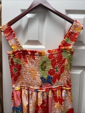 entro Multicolor Floral Smocked Dress in Red, Green & Pink